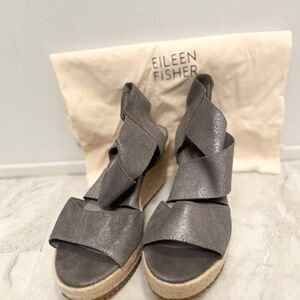Eileen Fisher Willow Espadrille Wedge- Pewter Starry Metallic Suede